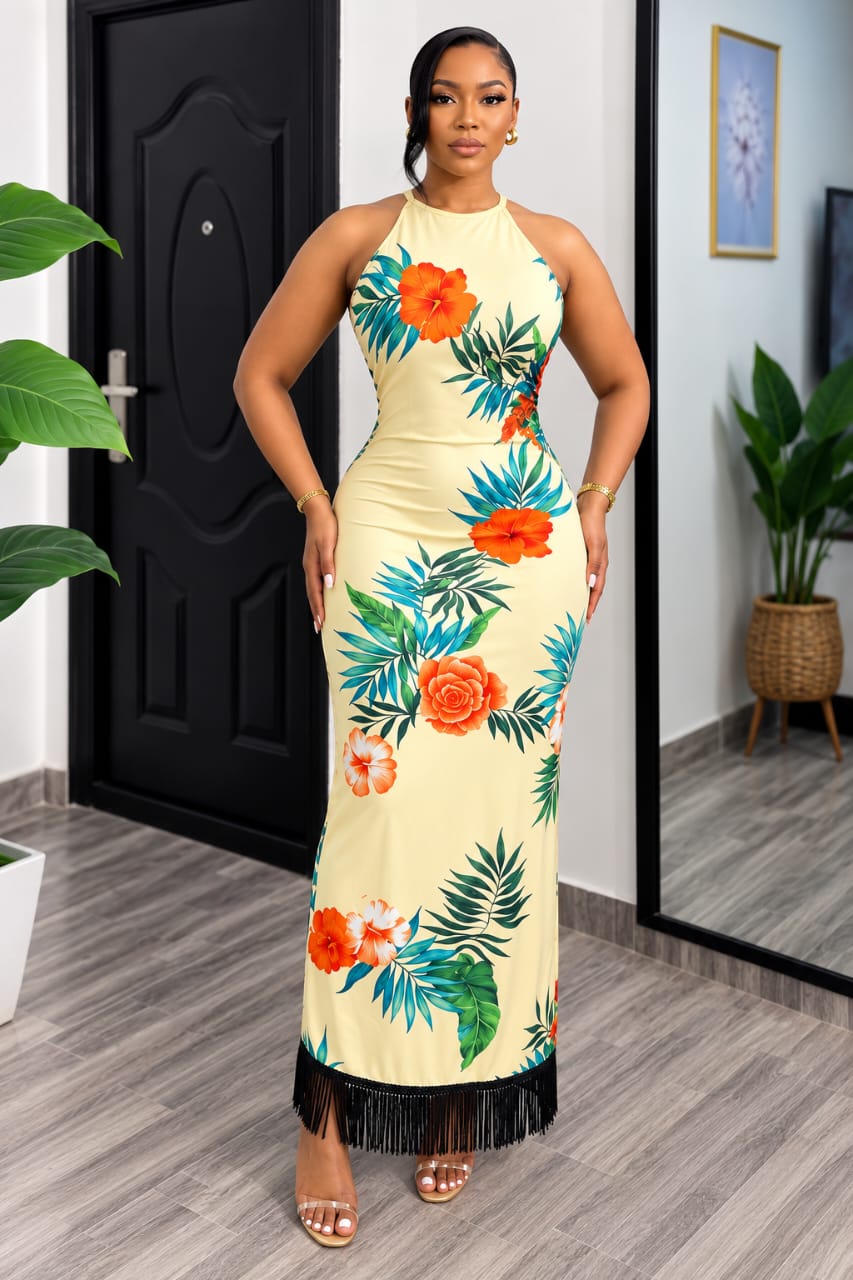 Robe longue imprimée tropicale